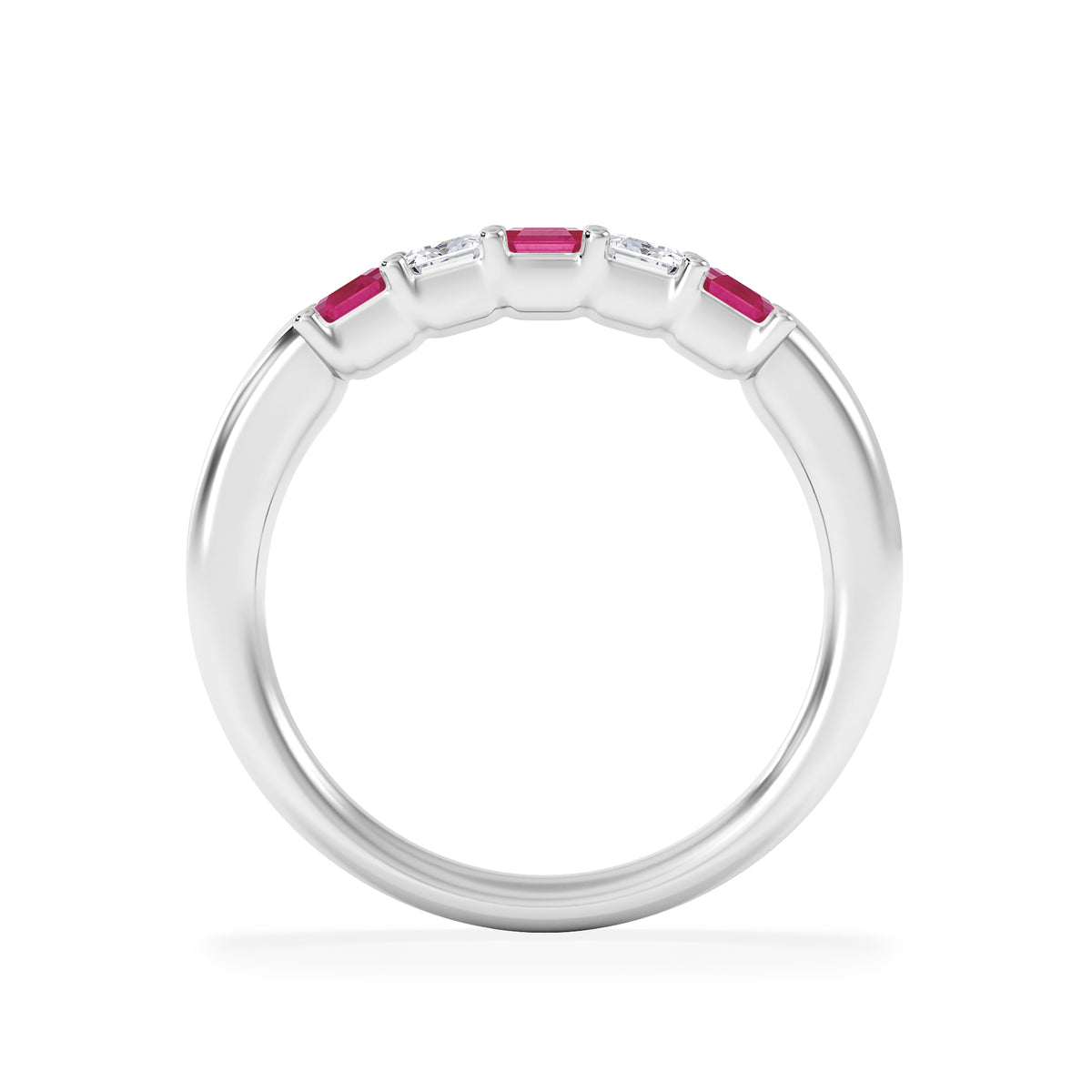 Solene 0.75ct Emerald Cut Lab Ruby and Lab Diamond Half Band Eternity Ring in 18K White Gold