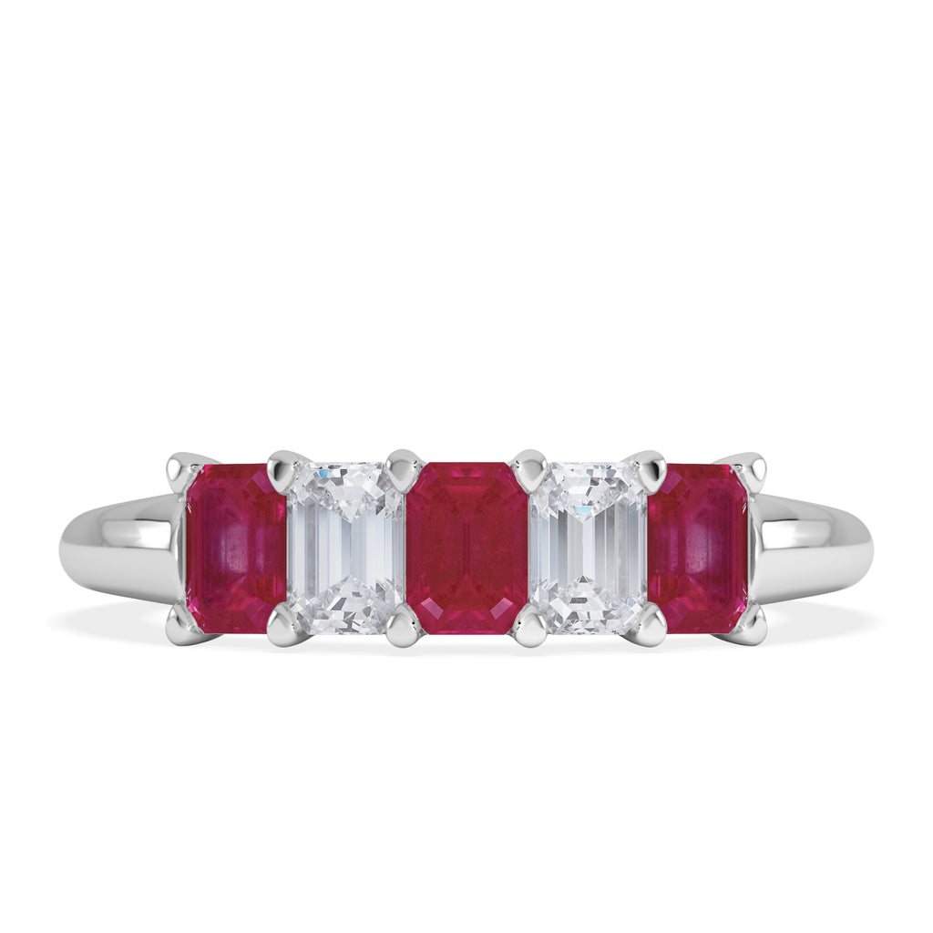 Solene 0.75ct Emerald Cut Lab Ruby and Lab Diamond Half Band Eternity Ring in 18K White Gold
