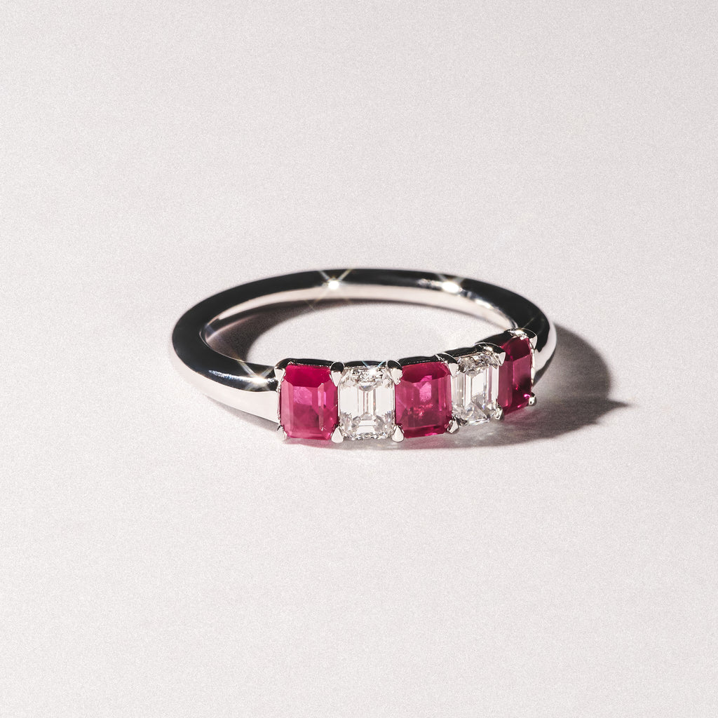 Solene 0.75ct Emerald Cut Lab Ruby and Lab Diamond Half Band Eternity Ring in 18K White Gold