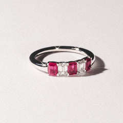 Solene 0.75ct Emerald Cut Lab Ruby and Lab Diamond Half Band Eternity Ring in 18K White Gold