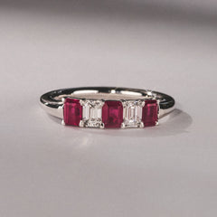 Solene 0.75ct Emerald Cut Lab Ruby and Lab Diamond Half Band Eternity Ring in 18K White Gold