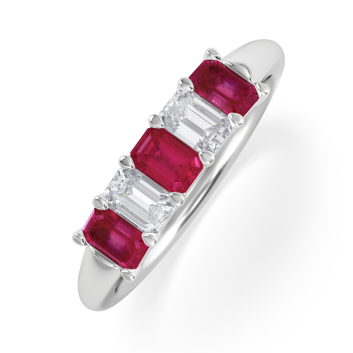 Solene 0.75ct Emerald Cut Lab Ruby and Lab Diamond Half Band Eternity Ring in 18K White Gold