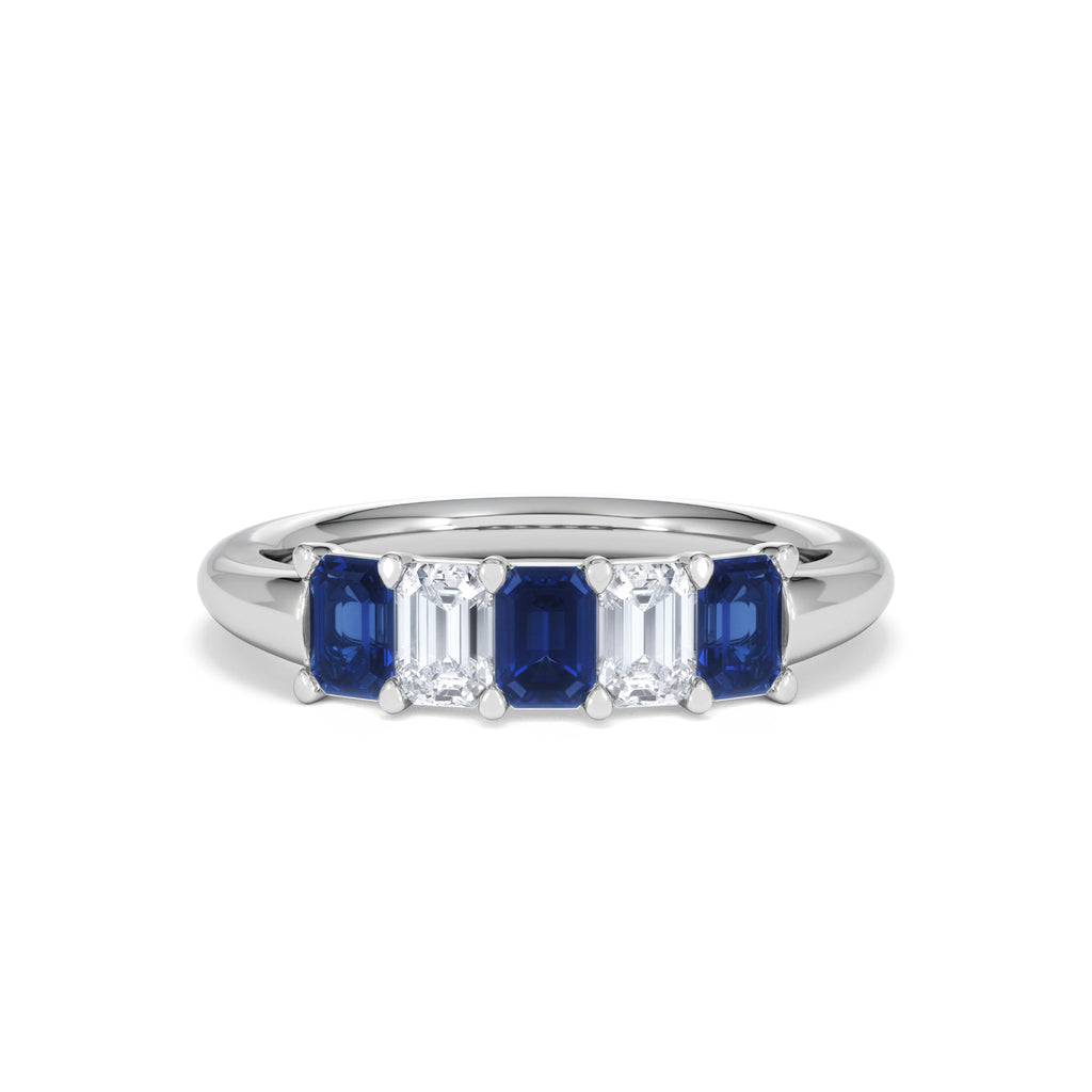 Solene 0.75ct Emerald Cut Lab Sapphire and Lab Diamond Half Band Eternity Ring in 18K White Gold