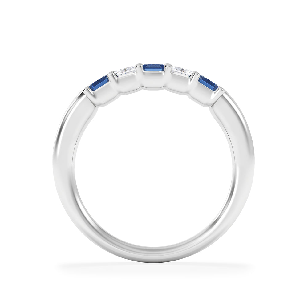 Solene 0.75ct Emerald Cut Lab Sapphire and Lab Diamond Half Band Eternity Ring in 18K White Gold