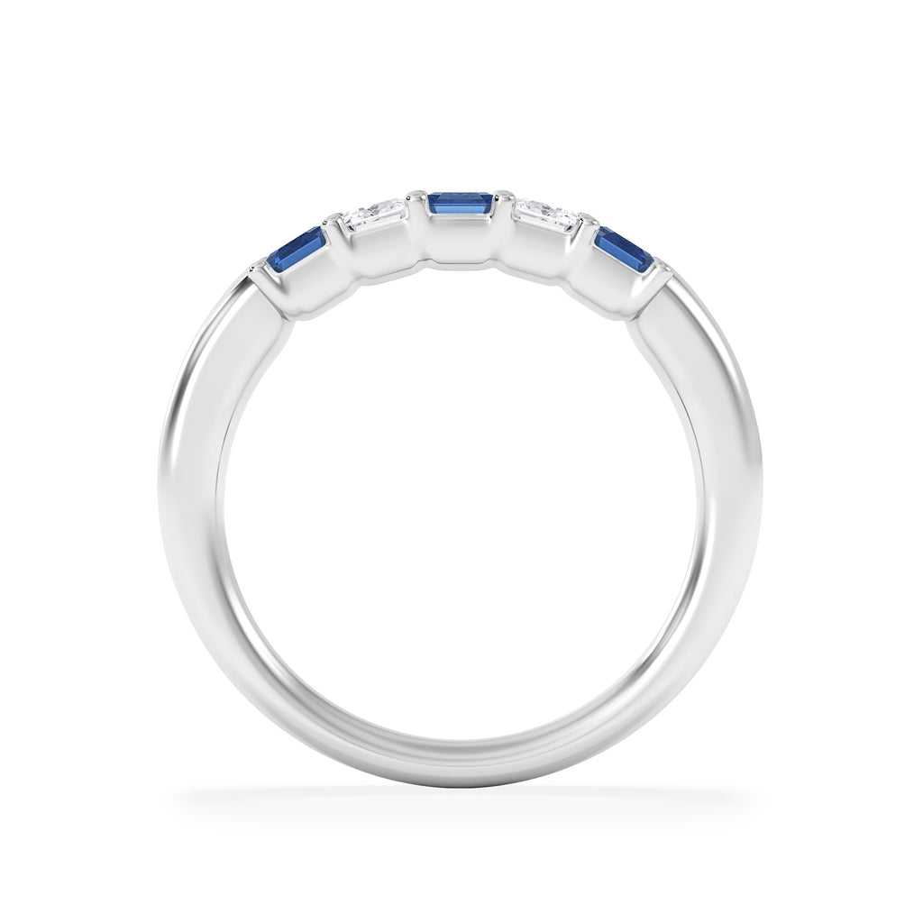 Solene 0.75ct Emerald Cut Lab Sapphire and Lab Diamond Half Band Eternity Ring in 18K White Gold