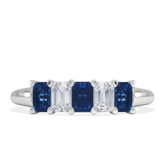 Solene 0.75ct Emerald Cut Lab Sapphire and Lab Diamond Half Band Eternity Ring in 18K White Gold