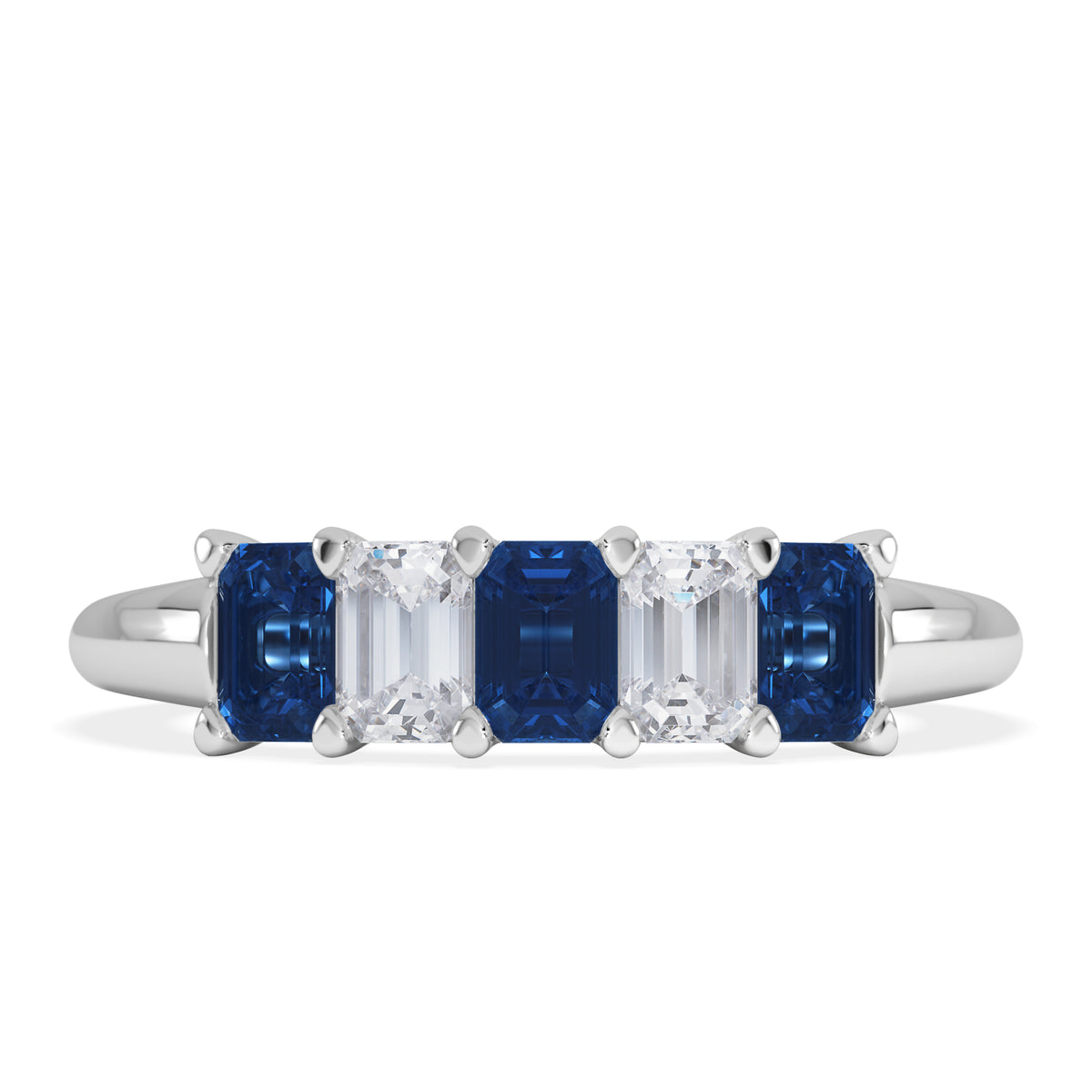Solene 0.75ct Emerald Cut Lab Sapphire and Lab Diamond Half Band Eternity Ring in 18K White Gold