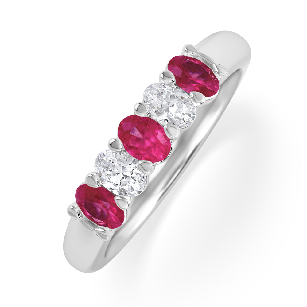 Solene 0.75ct Oval Cut Lab Ruby and Lab Diamond Half Band Eternity Ring in 18K White Gold