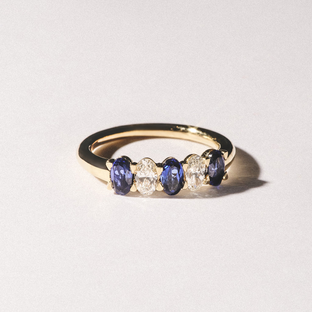 Solene 0.75ct Oval Cut Lab Sapphire and Lab Diamond Half Band Eternity Ring in 18k Yellow Gold