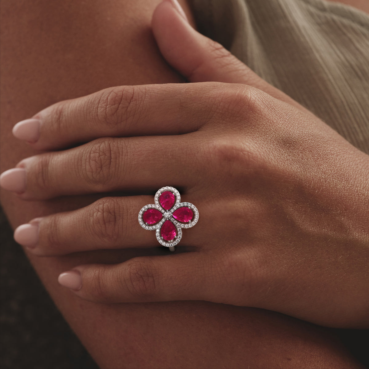 Bloom 3.30ct Lab Ruby and Lab Diamond Ring in 18K White Gold