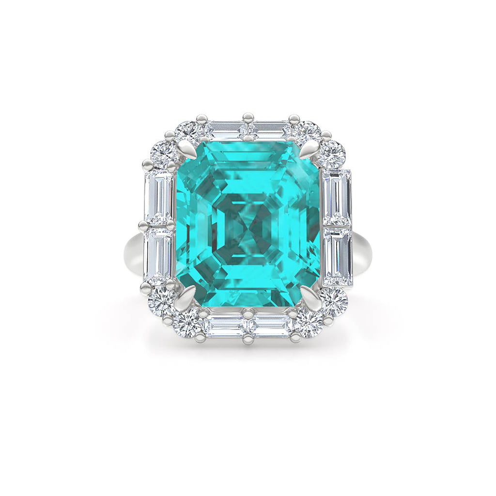 7.00ct Emerald Cut Lab Paraíba Halo Ring in 14K White Gold