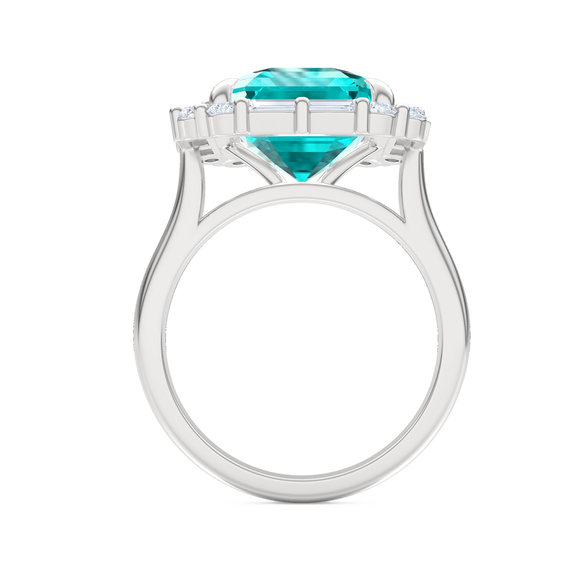 7.00ct Emerald Cut Lab Paraíba YAG Halo Ring in 14K White Gold