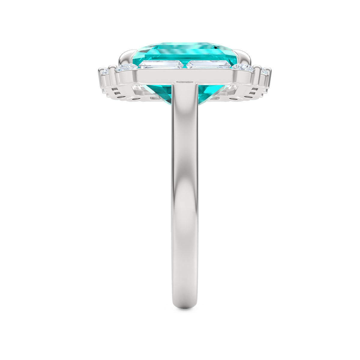 7.00ct Emerald Cut Lab Paraíba YAG Halo Ring in 14K White Gold