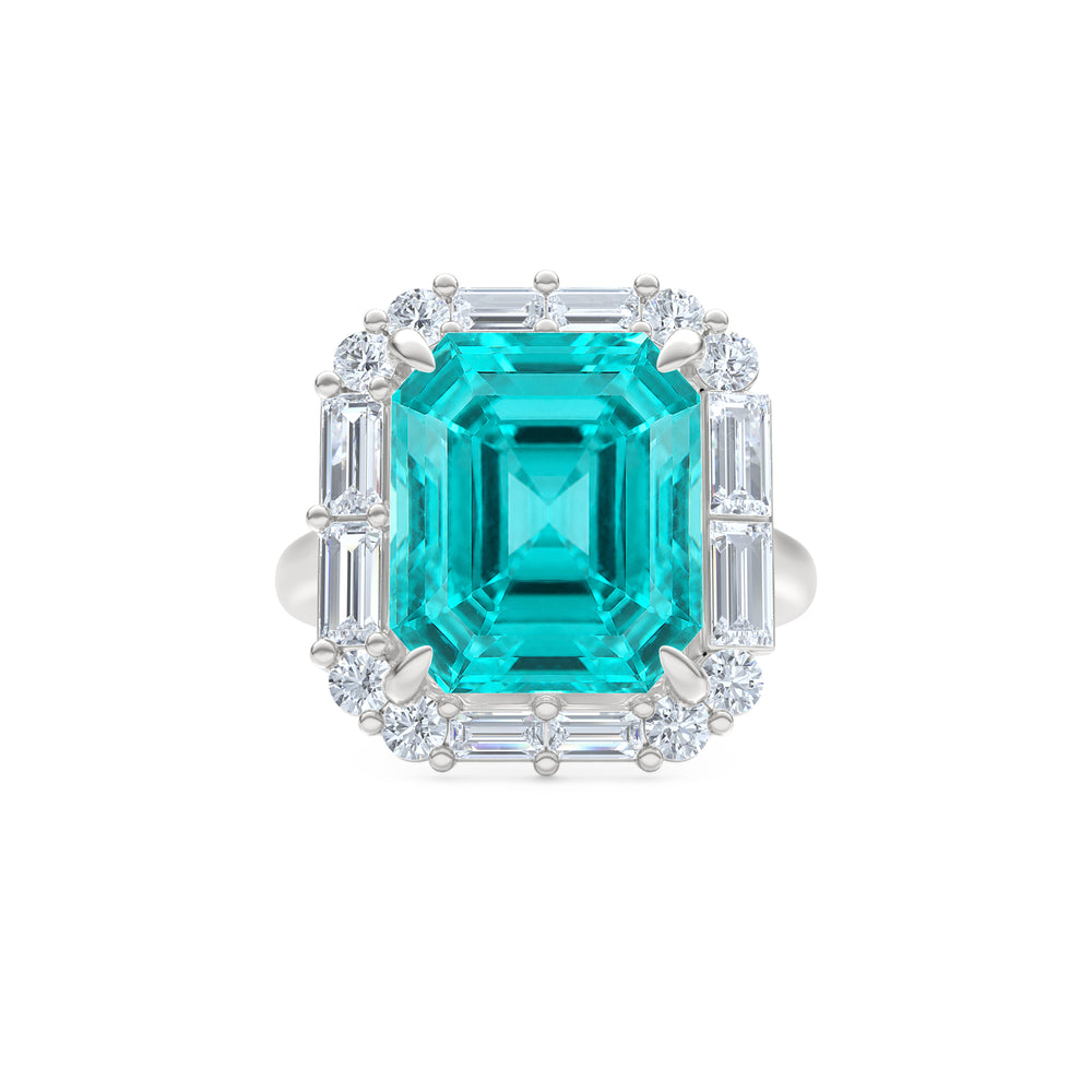 7.00ct Emerald Cut Lab Paraíba YAG Halo Ring in 14K White Gold