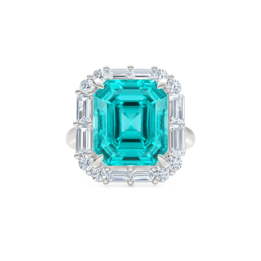 7.00ct Emerald Cut Lab Paraíba YAG Halo Ring in 14K White Gold