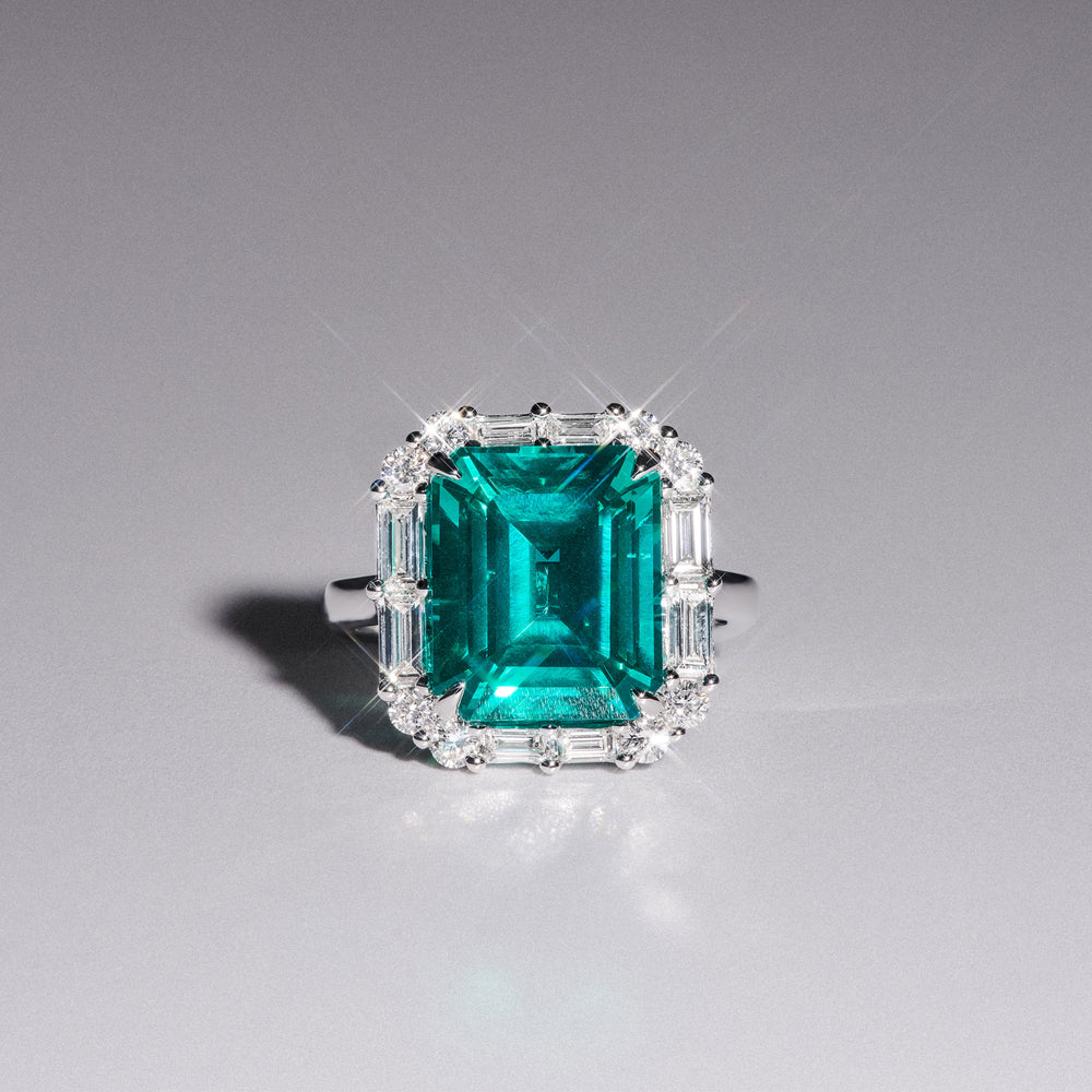 7.00ct Emerald Cut Lab Paraíba YAG Halo Ring in 14K White Gold