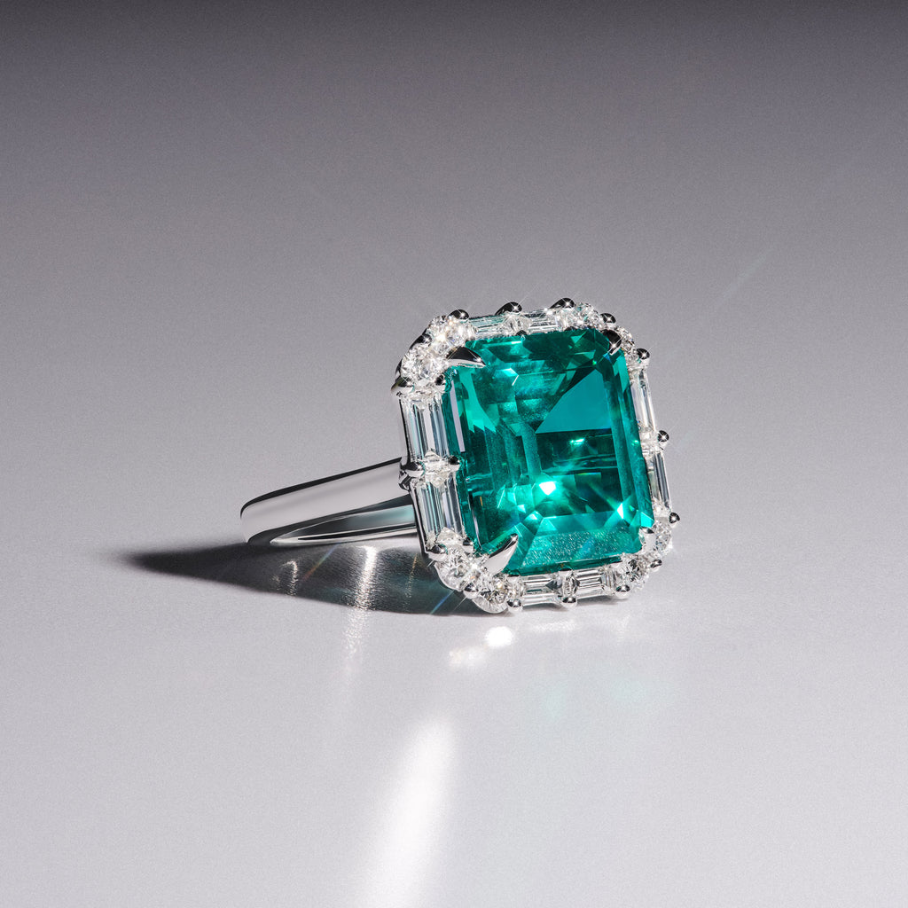 7.00ct Emerald Cut Lab Paraíba YAG Halo Ring in 14K White Gold
