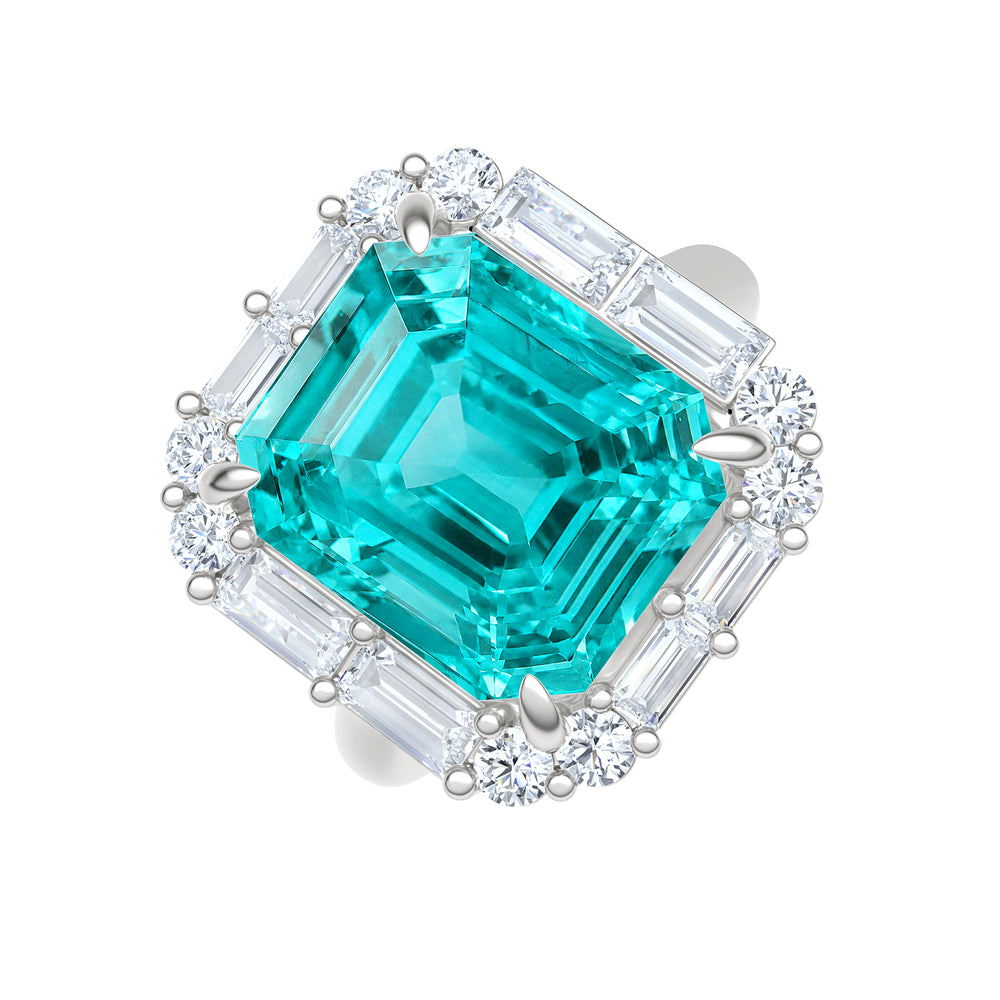 7.00ct Emerald Cut Lab Paraíba YAG Halo Ring in 14K White Gold