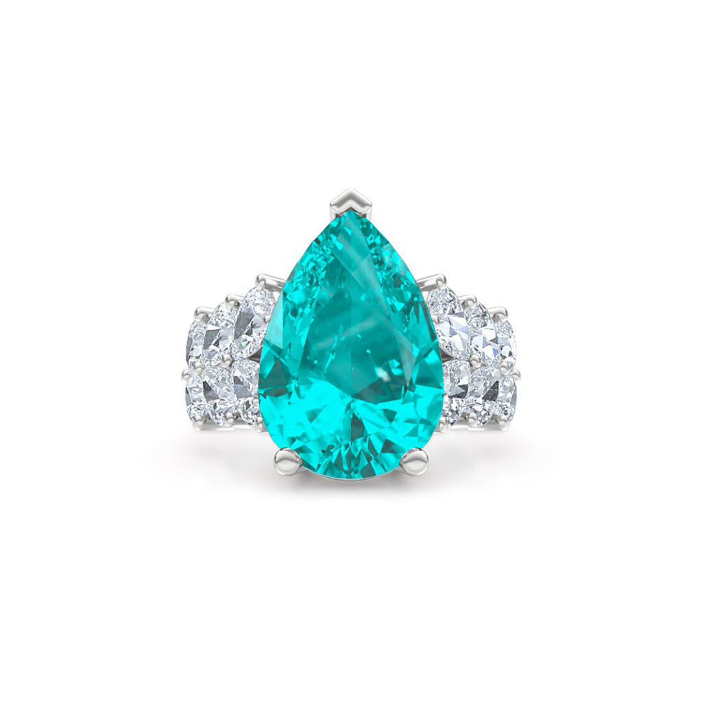 7.00ct Pear Cut Lab Paraíba Ring with Lab Diamond Shoulders in 14K White Gold