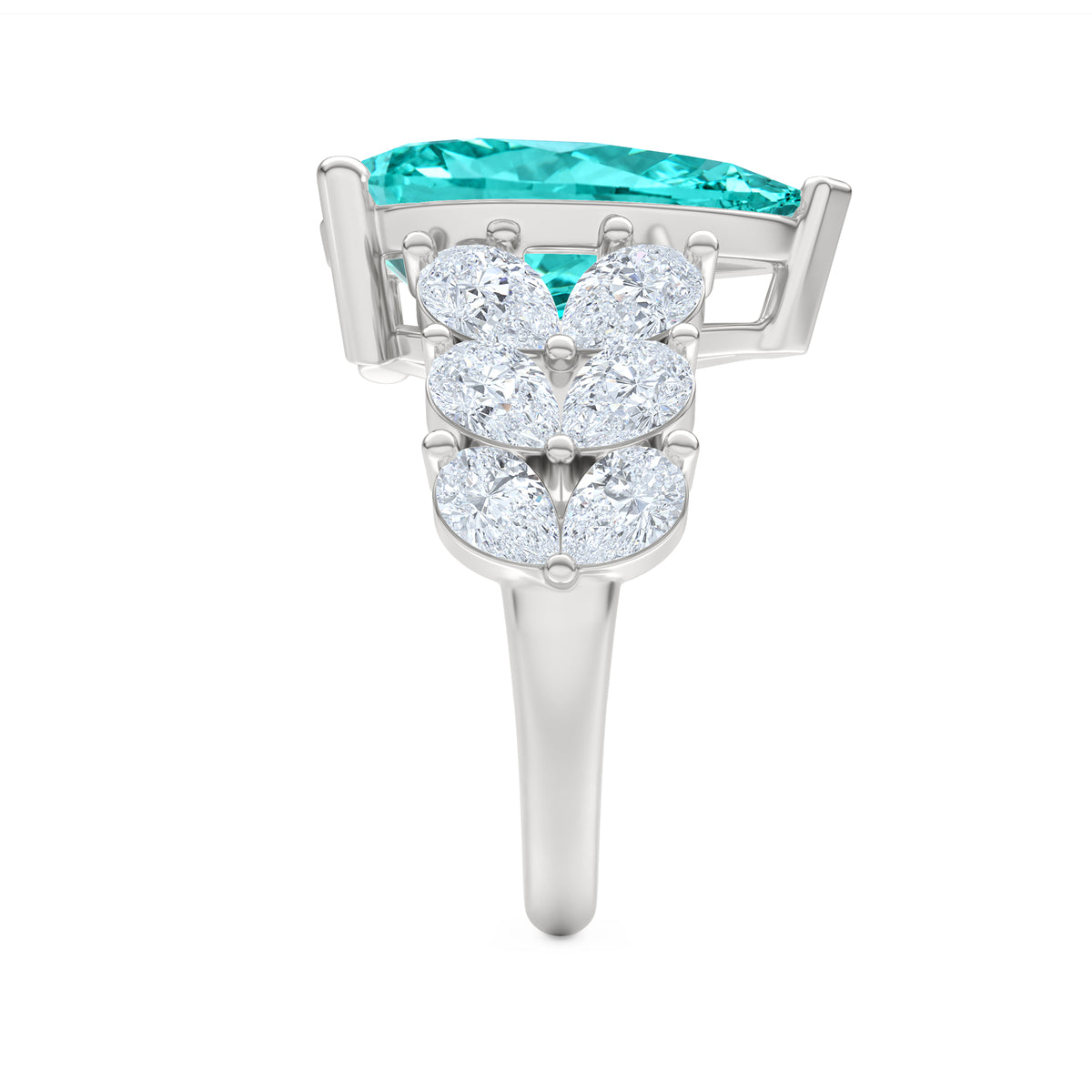 7.00ct Pear Cut Lab Paraíba YAG Ring with Lab Diamond Shoulders in 14K White Gold