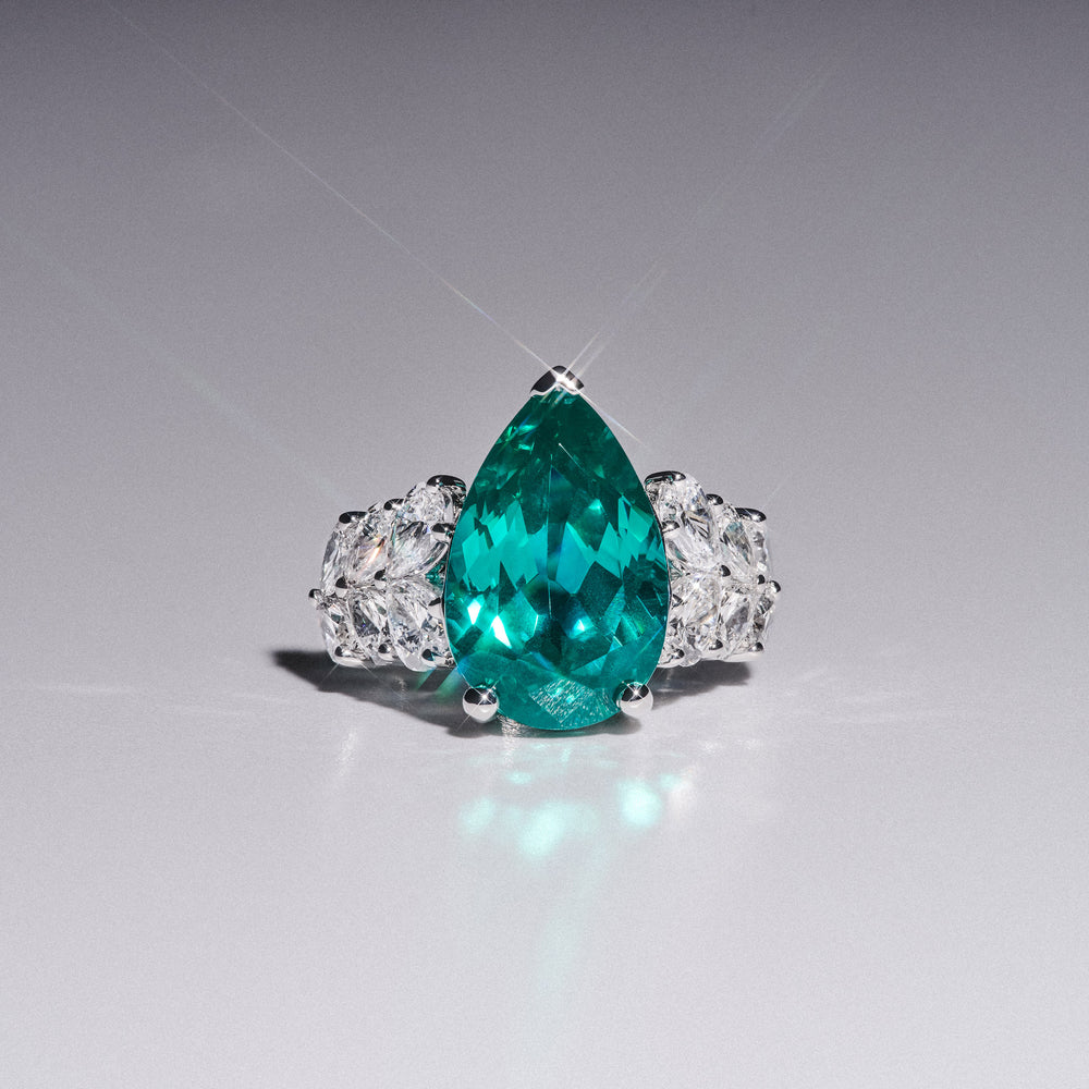 7.00ct Pear Cut Lab Paraíba YAG Ring with Lab Diamond Shoulders in 14K White Gold