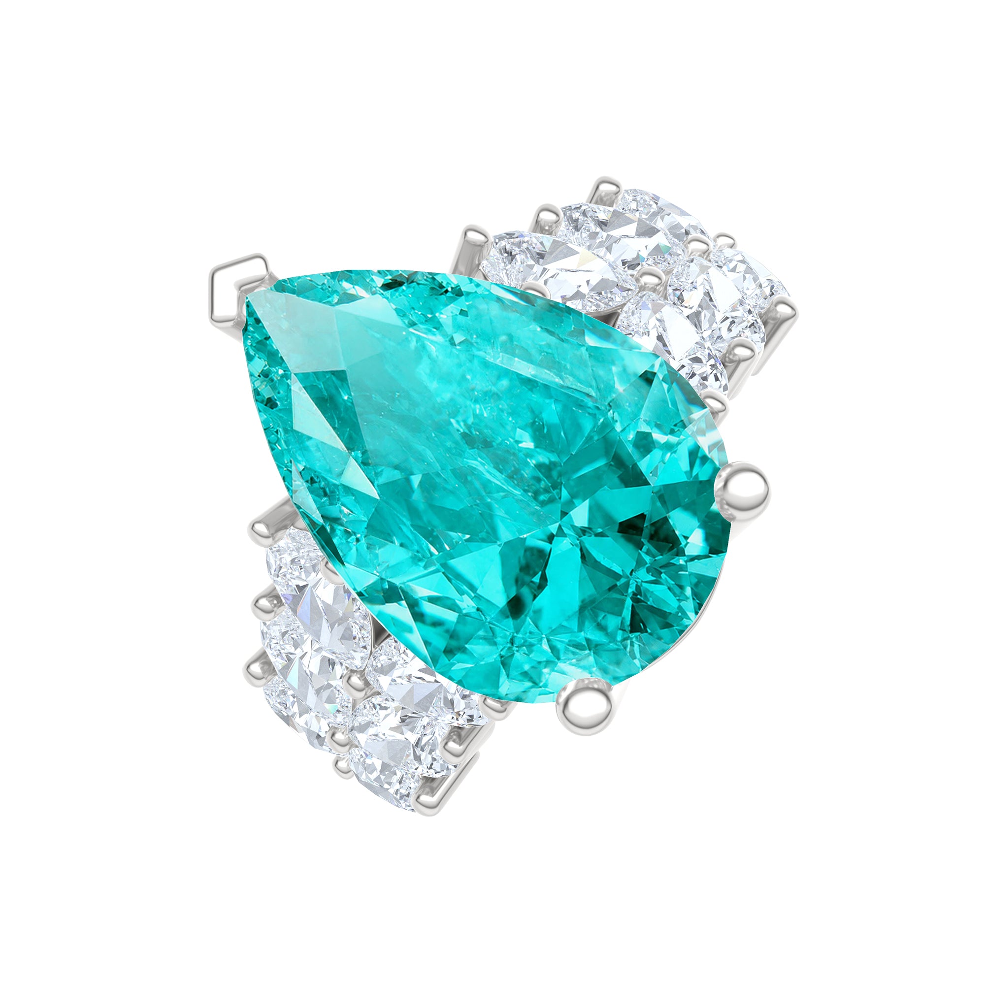 7.00ct Pear Cut Lab Paraíba YAG Ring with Lab Diamond Shoulders in 14K White Gold