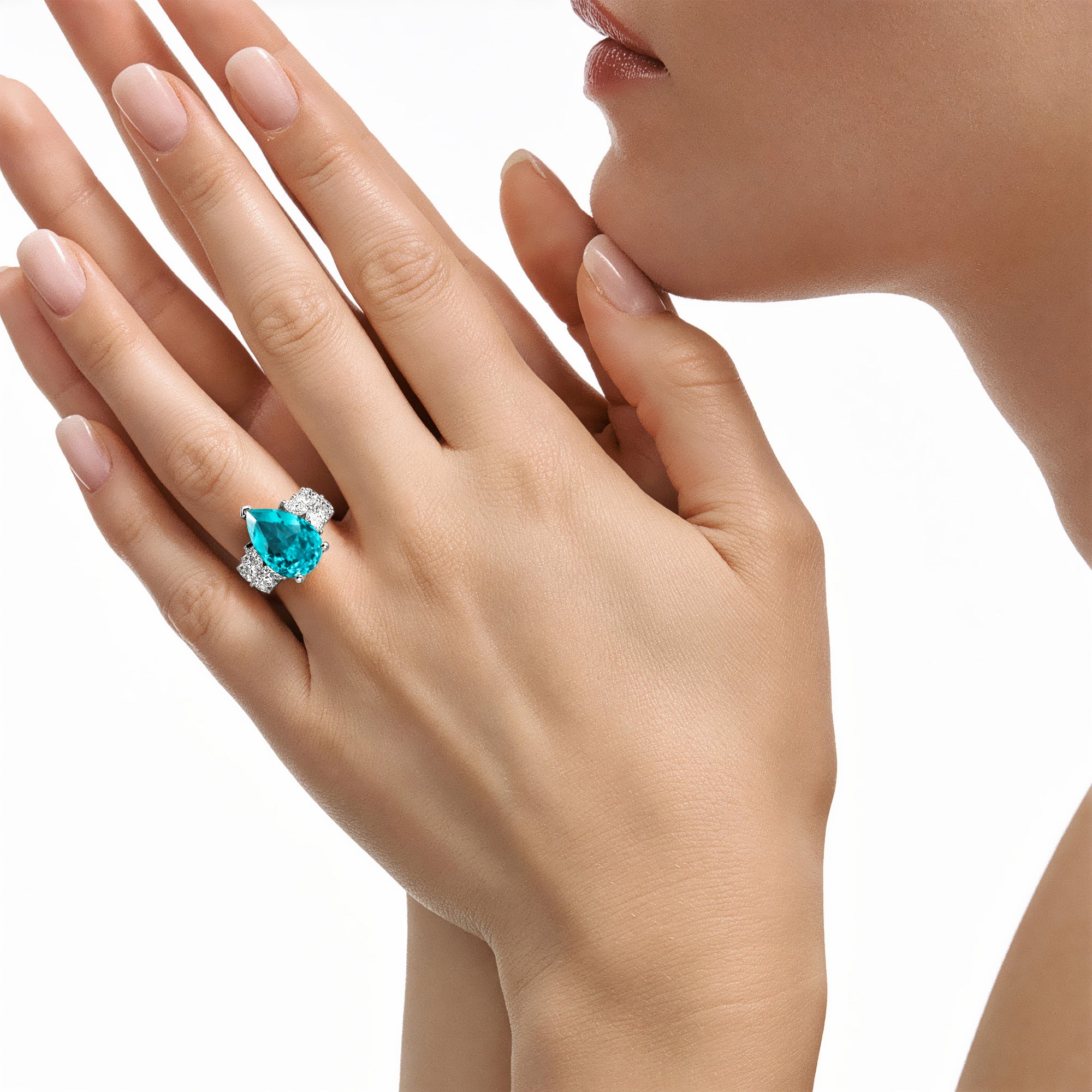 7.00ct Pear Cut Lab Paraíba YAG Ring with Lab Diamond Shoulders in 14K White Gold