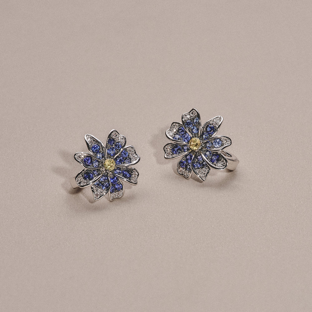 Stellato 0.94ct Lab Yellow and Blue Sapphire Flower Studs Earrings in Sterling Silver