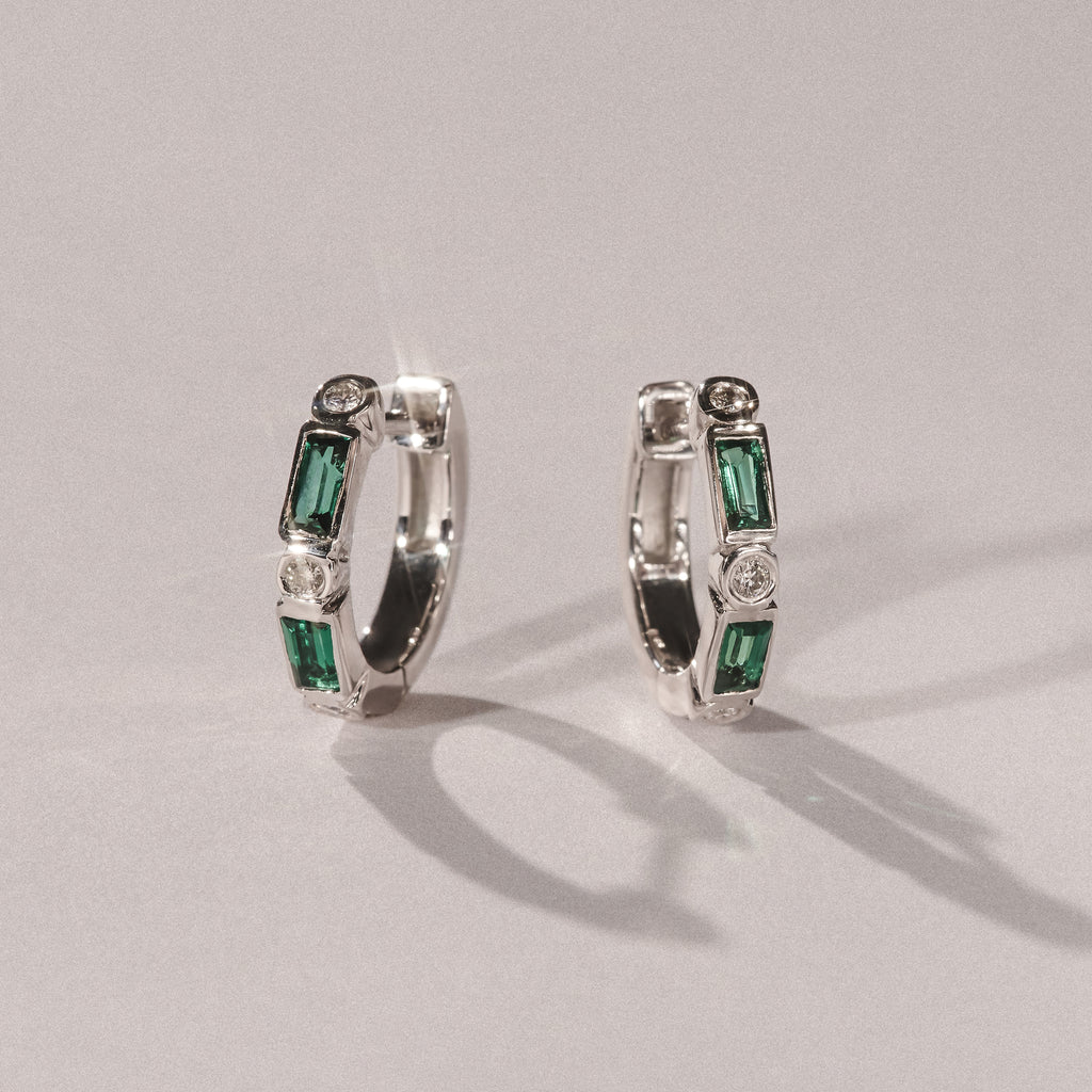 Forme 0.52ct Baguette Cut Lab Emerald  Huggie Earrings in Sterling Silver