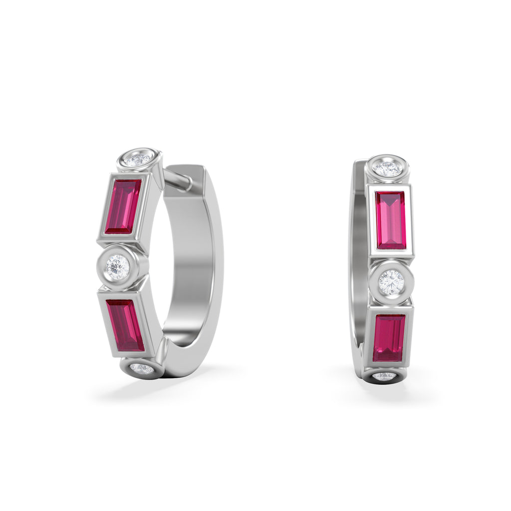 Forme 0.52ct Baguette Cut Lab Ruby Huggie Earrings in Sterling Silver