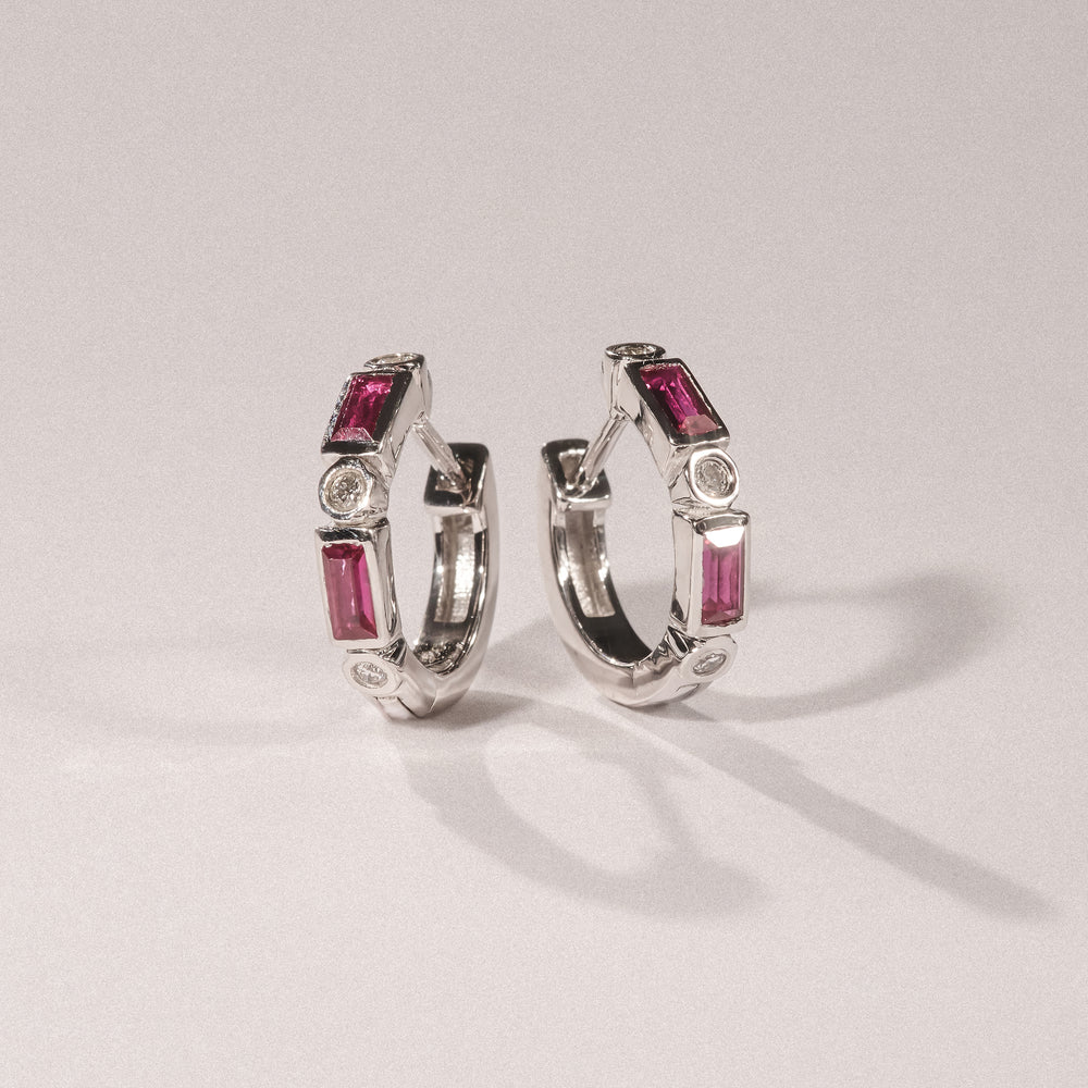 Forme 0.52ct Baguette Cut Lab Ruby Huggie Earrings in Sterling Silver