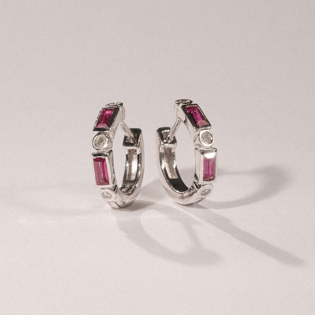 Forme 0.52ct Baguette Cut Lab Ruby Huggie Earrings in Sterling Silver