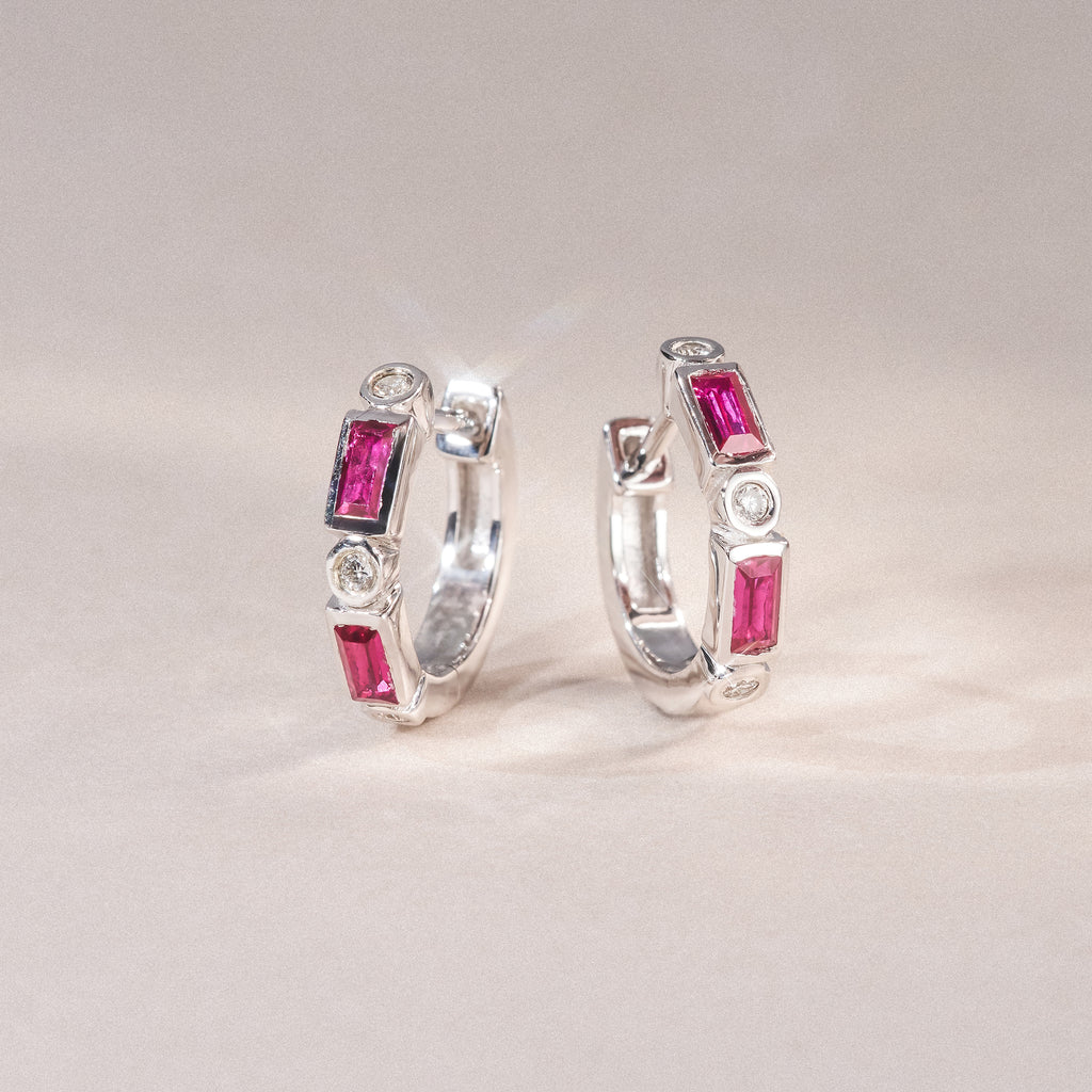Forme 0.52ct Baguette Cut Lab Ruby Huggie Earrings in Sterling Silver