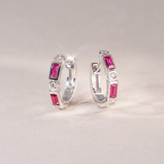 Forme 0.52ct Baguette Cut Lab Ruby Huggie Earrings in Sterling Silver