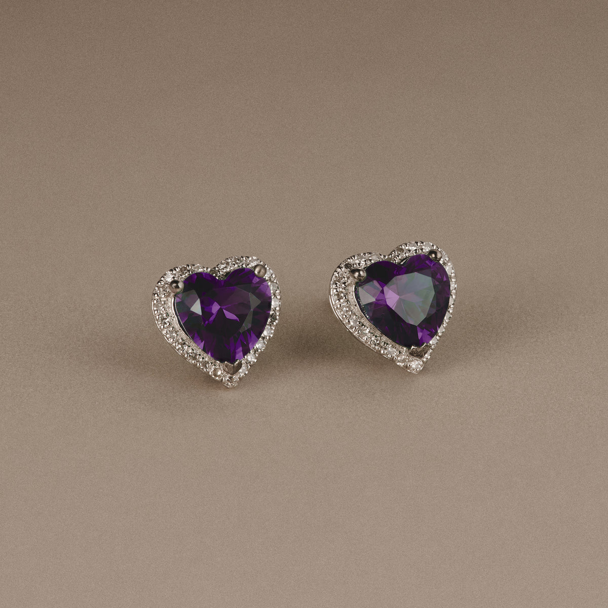 Stellato 1.50ct Heart Cut Lab Amethyst Halo Stud Earrings in Sterling Silver