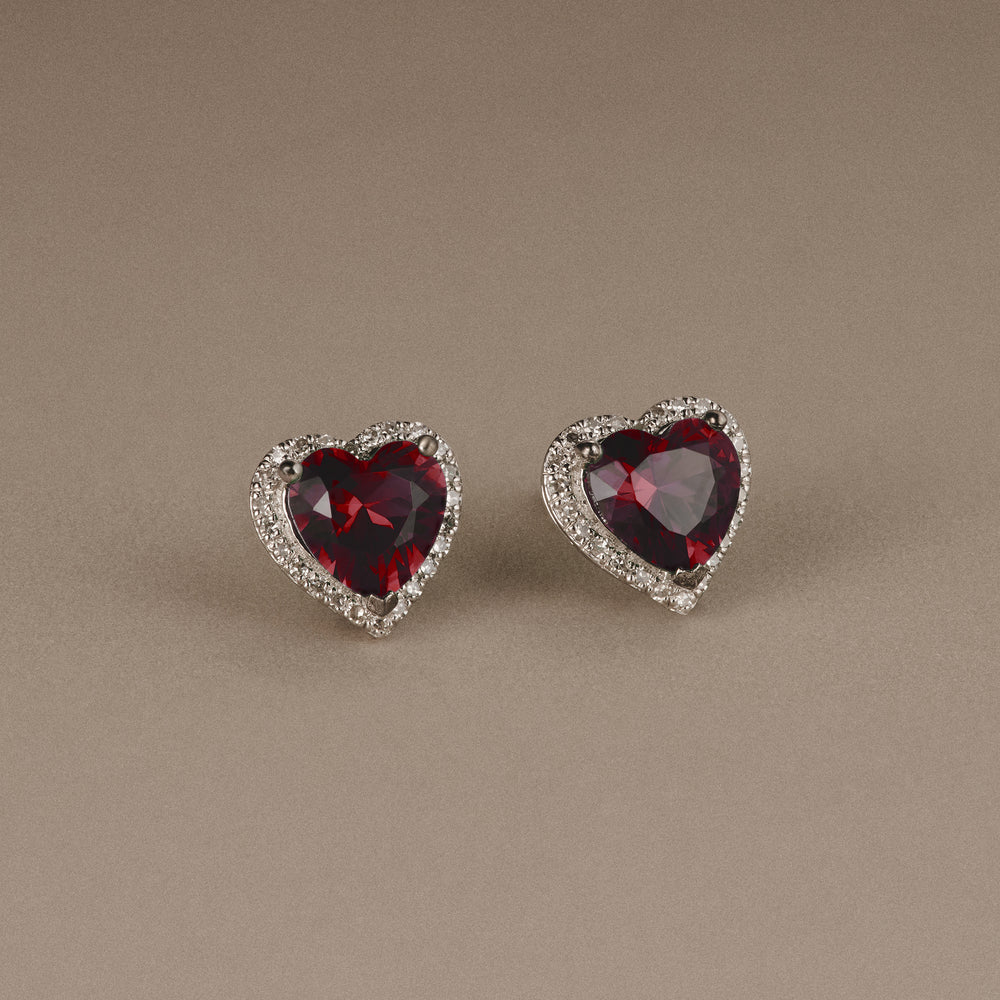 Stellato 1.90ct Heart Cut Lab Ruby Halo Stud Earrings in Sterling Silver