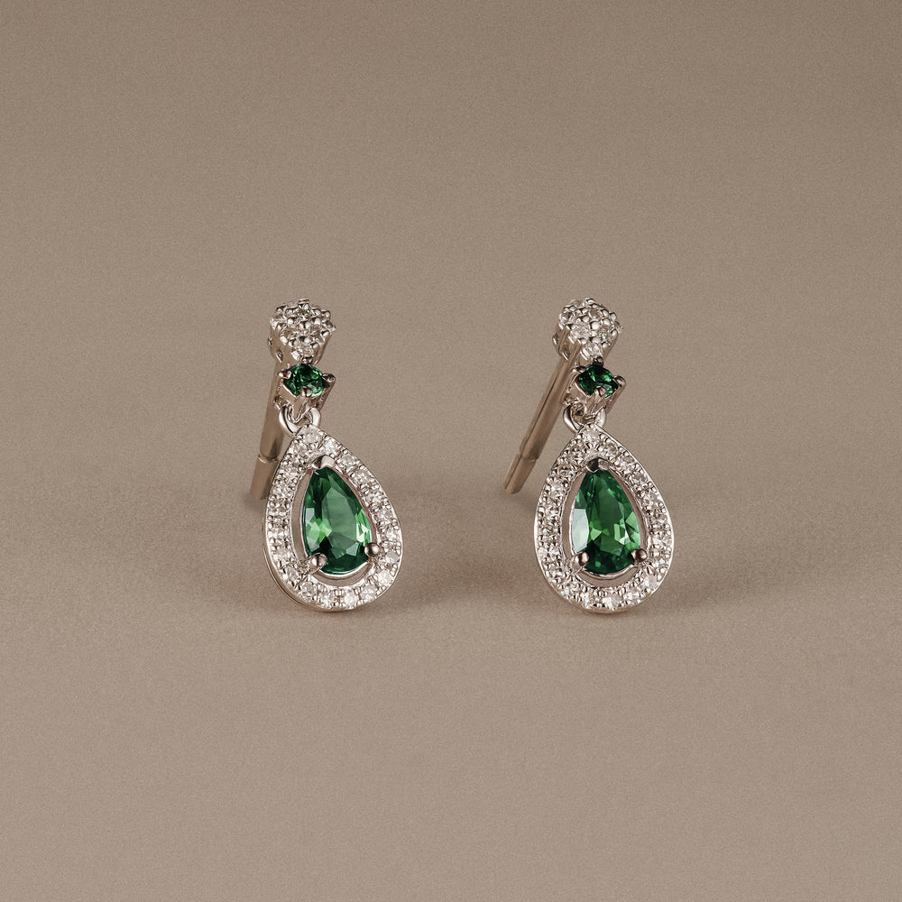 Stellato 0.35ct Pear Cut Lab Emerald Halo Drop Earrings in Sterling Silver