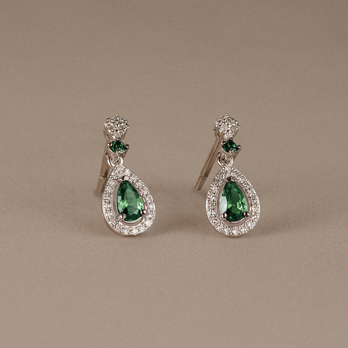 Stellato 0.35ct Pear Cut Lab Emerald Halo Drop Earrings in Sterling Silver