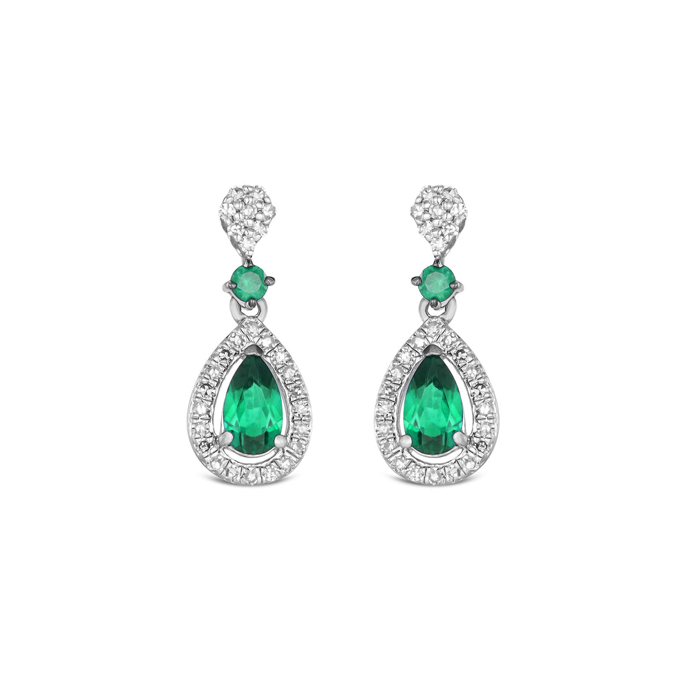 Stellato 0.35ct Pear Cut Lab Emerald Halo Drop Earrings in Sterling Silver