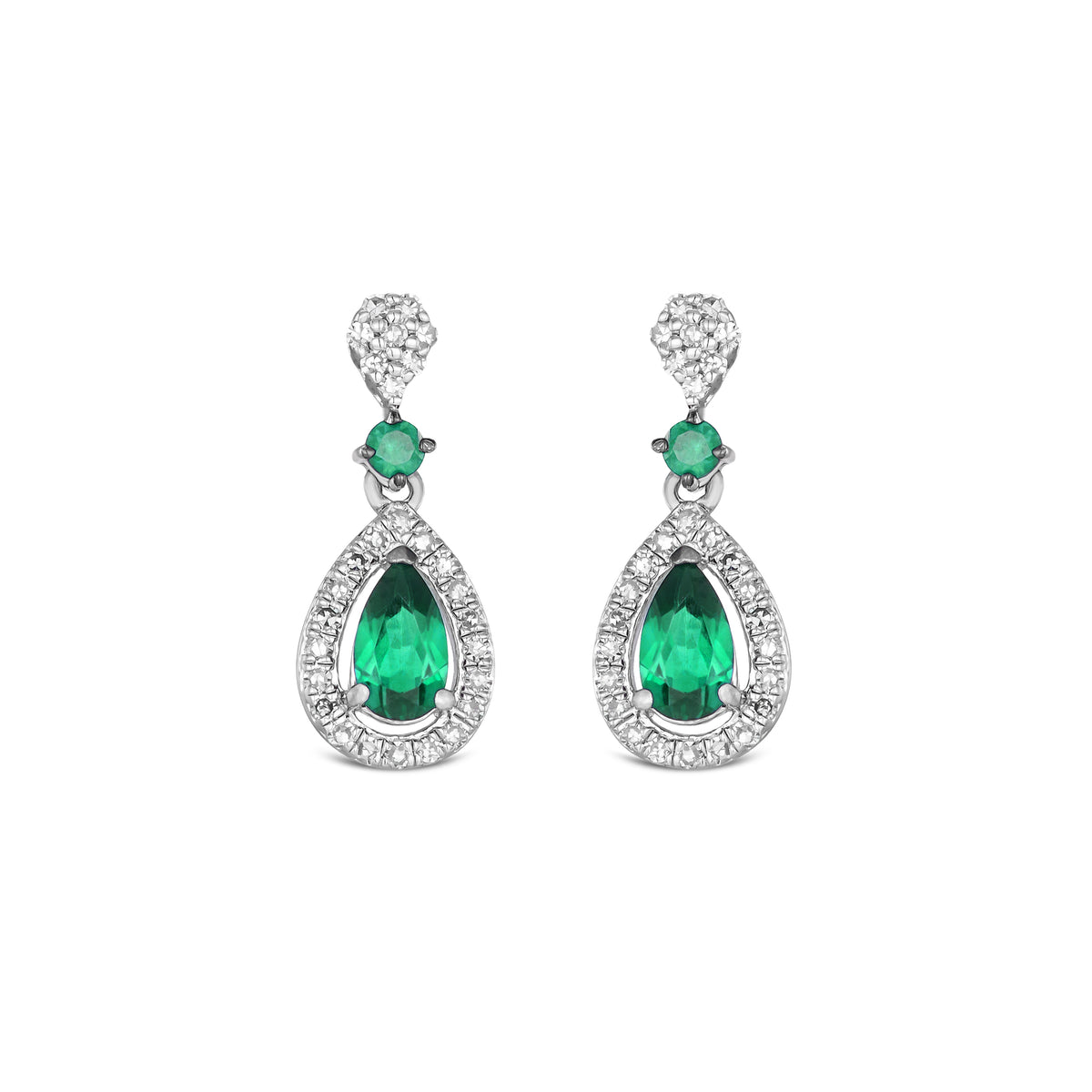 Stellato 0.35ct Pear Cut Lab Emerald Halo Drop Earrings in Sterling Silver