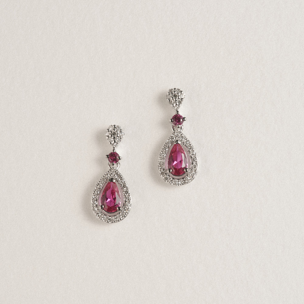 Stellato 0.55ct Pear Cut Lab Ruby Halo Drop Earrings in Sterling Silver