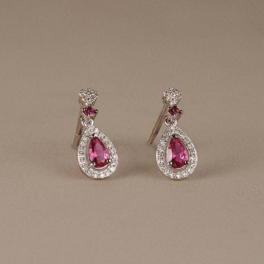 Stellato 0.55ct Pear Cut Lab Ruby Halo Drop Earrings in Sterling Silver