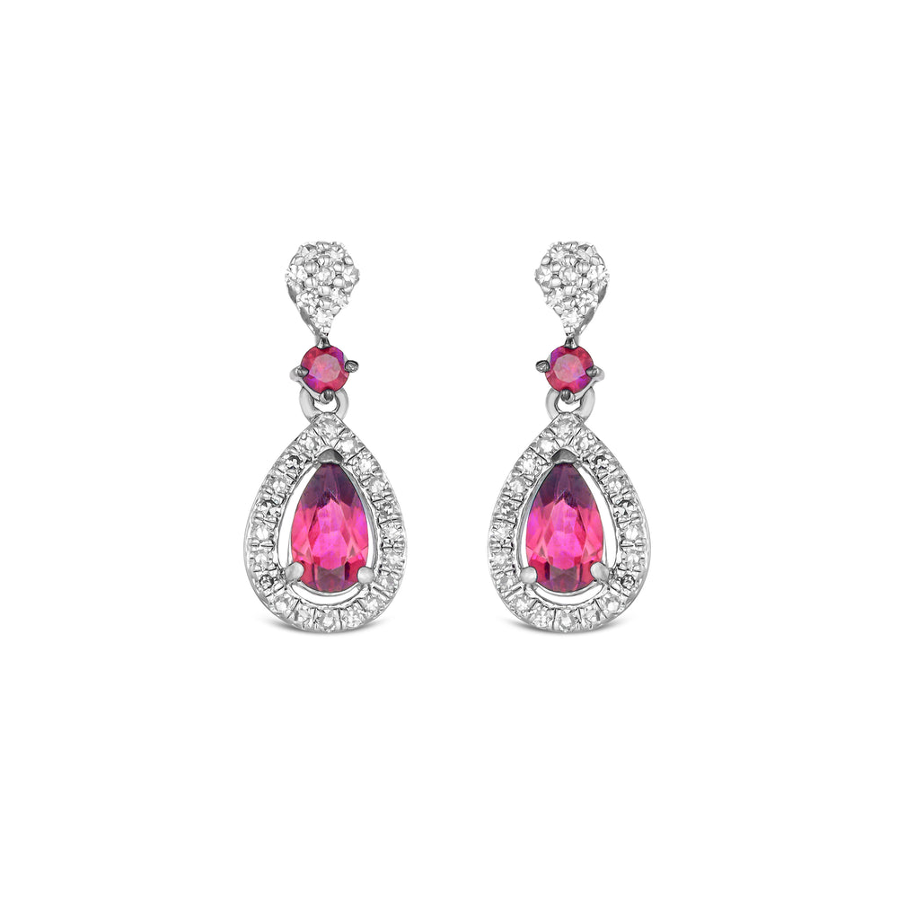Stellato 0.55ct Pear Cut Lab Ruby Halo Drop Earrings in Sterling Silver