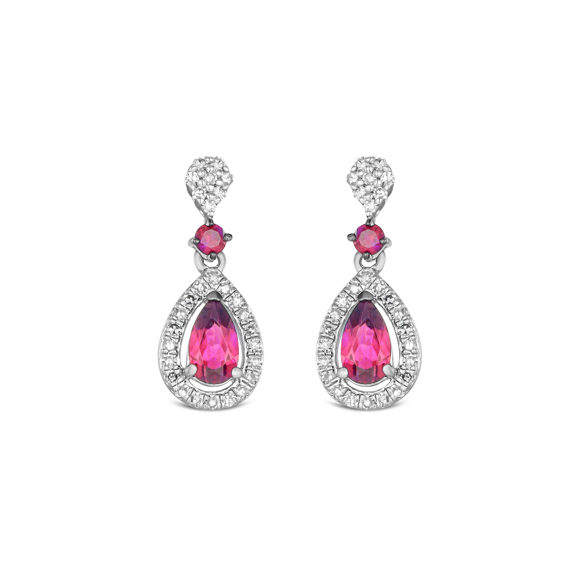 Stellato 0.55ct Pear Cut Lab Ruby Halo Drop Earrings in Sterling Silver