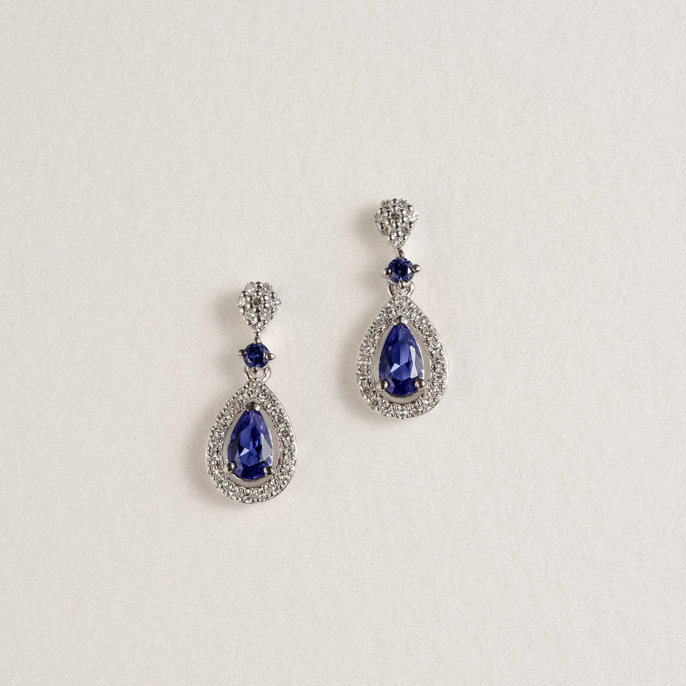 Stellato 0.55ct Pear Cut Lab Sapphire Halo Drop Earrings in Sterling Silver