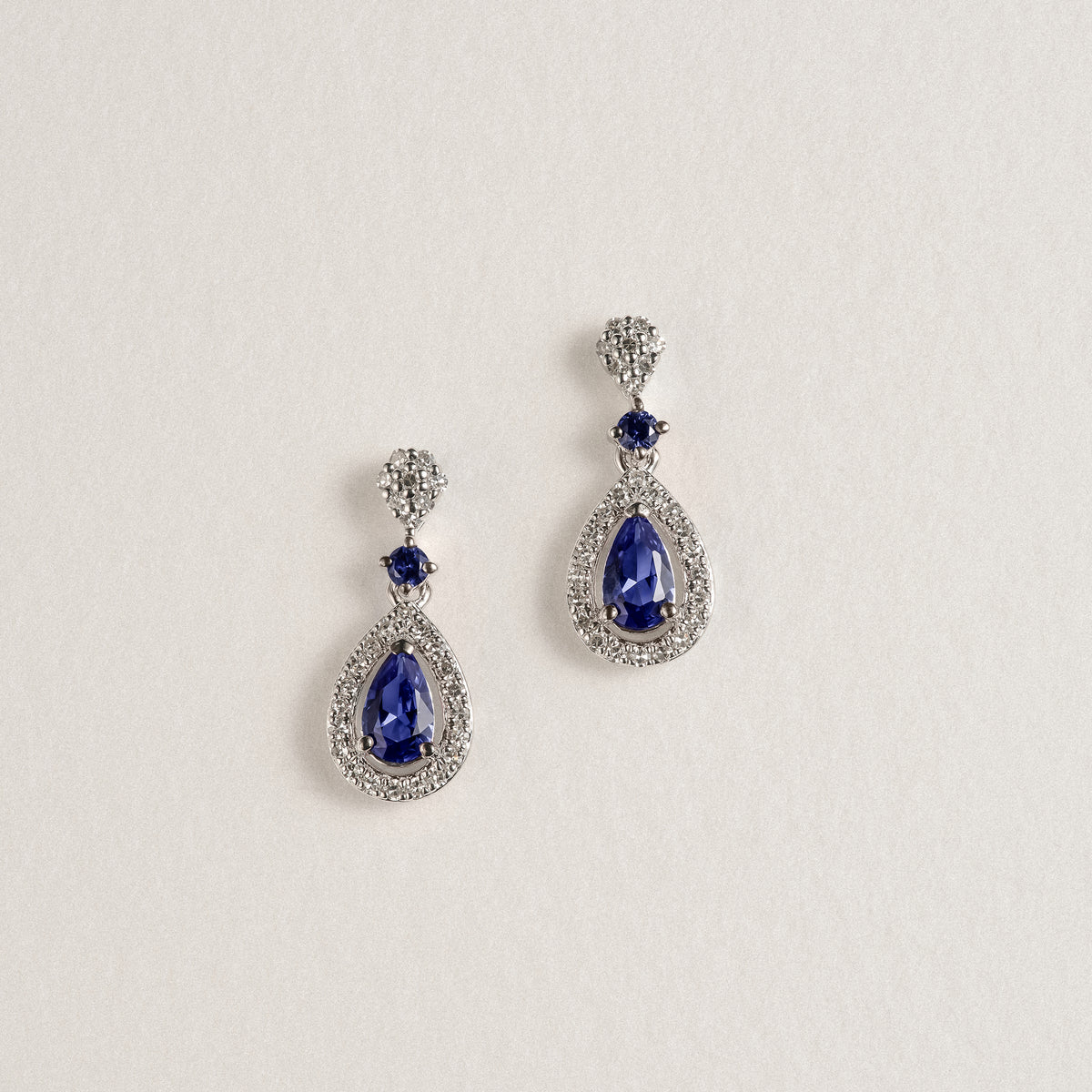Stellato 0.55ct Pear Cut Lab Sapphire Halo Drop Earrings in Sterling Silver
