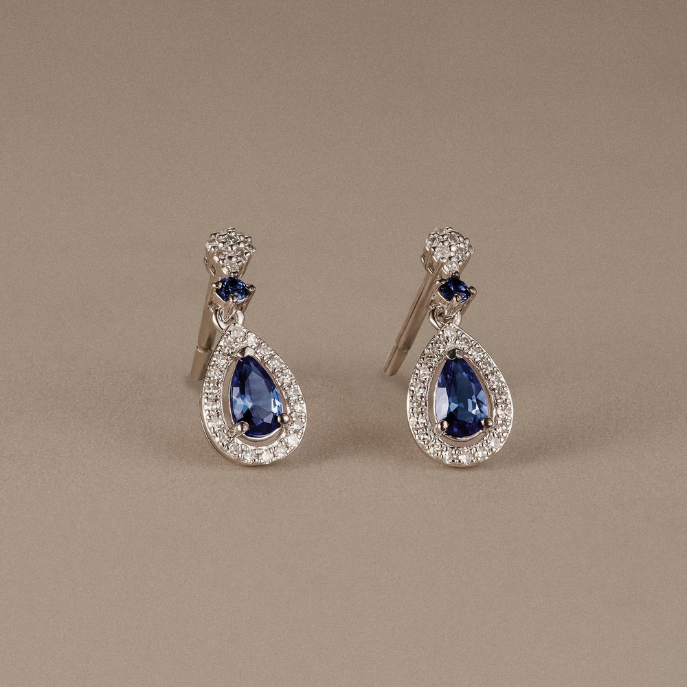 Stellato 0.55ct Pear Cut Lab Sapphire Halo Drop Earrings in Sterling Silver