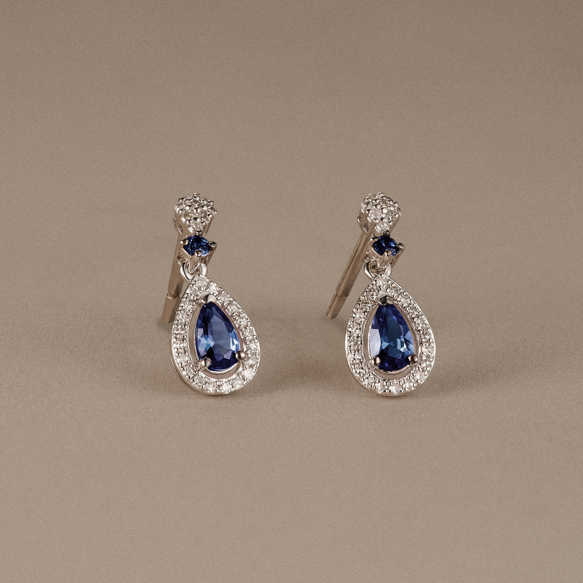 Stellato 0.55ct Pear Cut Lab Sapphire Halo Drop Earrings in Sterling Silver