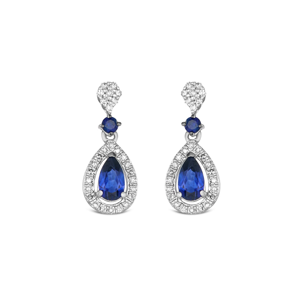 Stellato 0.55ct Pear Cut Lab Sapphire Halo Drop Earrings in Sterling Silver