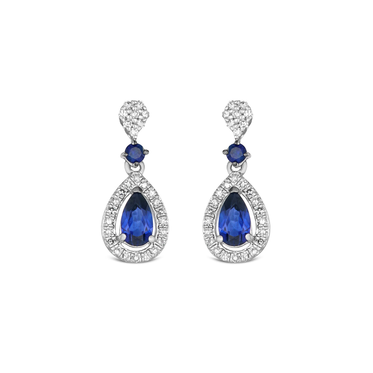 Stellato 0.55ct Pear Cut Lab Sapphire Halo Drop Earrings in Sterling Silver